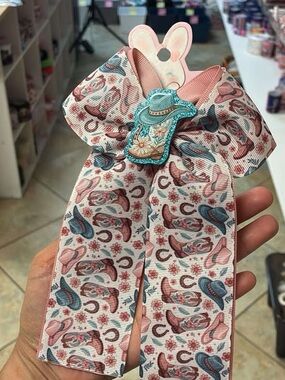 Cowgirl Print Hair Bow with Turquoise Cowboy Hat Accent